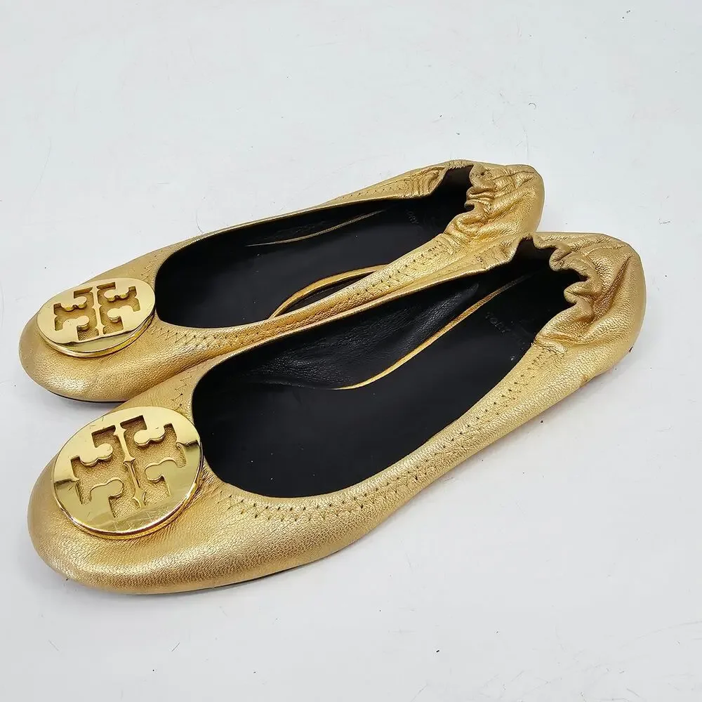 Tory Burch Minnie Gold Leather ballet flat Shoes gold logo medallion Women's 9